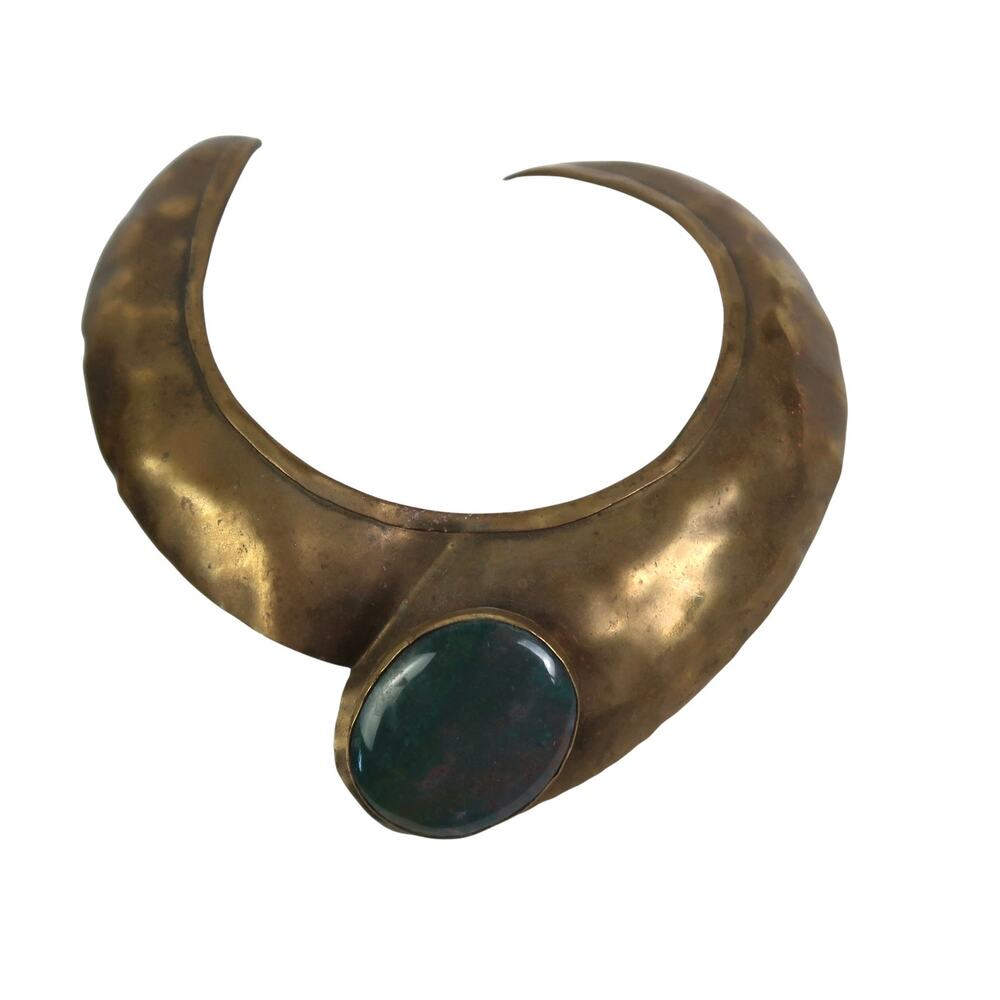 Vintage Brass Gold Sculptural Collar Necklace Green Cabochon Statement Choker